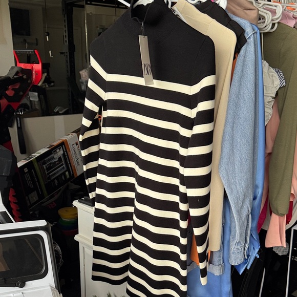 Zara Monochrome Striped Long Sleeve Dress - Picture 1 of 3